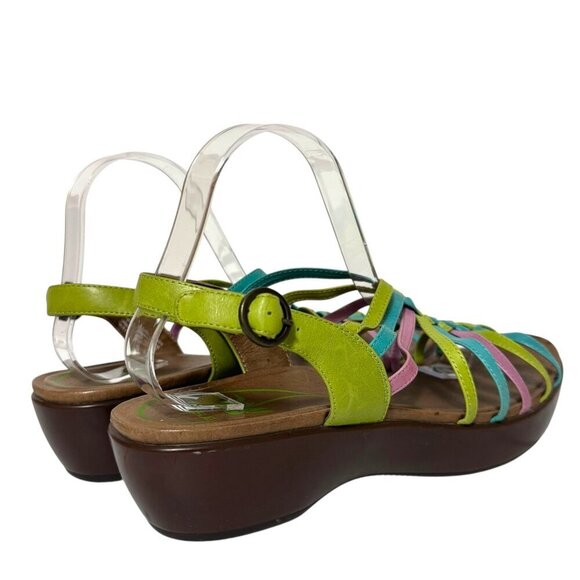 Dansko Dana Sandals Leather Pink Blue Green Strappy Wedge Womens Size 42 US 12 - Picture 4 of 16